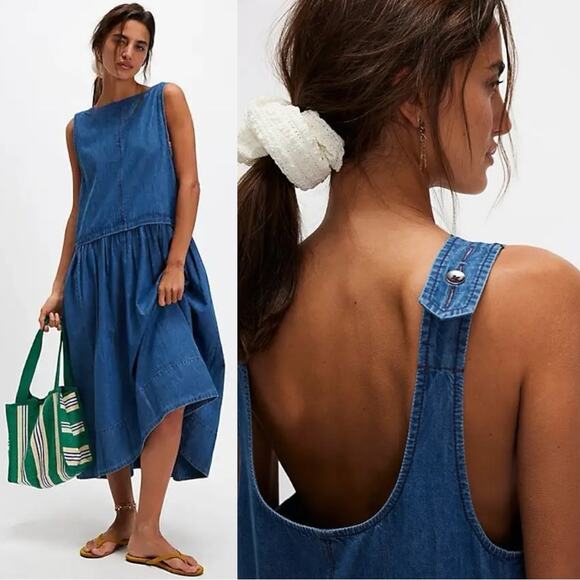 Free People Dresses & Skirts - Free People Retro 90s Soraya Light Denim Sky Drop Waist Midi Jumper Dress Medium